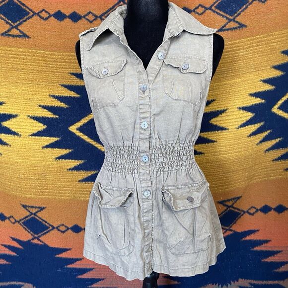 Y2K Yank 100% Linen Button Up Collared Blouse. Pockets! Sleevless. Size Medium. - Picture 10 of 16